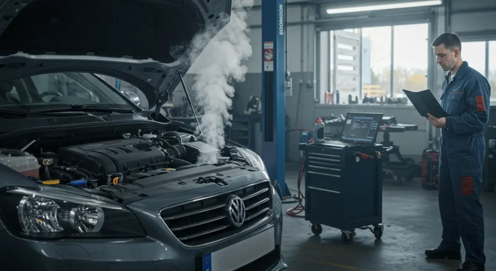 Simptomi pregrevanja motora: visoka temperatura, para, miris paljevine. Uzroci: curenje rashladne tečnosti, neispravan termostat. Reakcija: zaustaviti vozilo, proveriti i ohladiti motor.