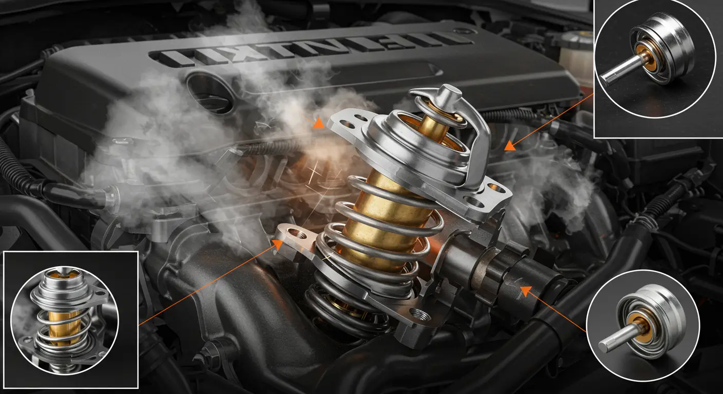 Simptomi otkaza termostata motora uključuju pregrevanje motora, oscilacije temperature i slabo grejanje u kabini. Za zamenu, preporučuje se korišćenje originalnih delova i praćenje uputstava proizvođača.