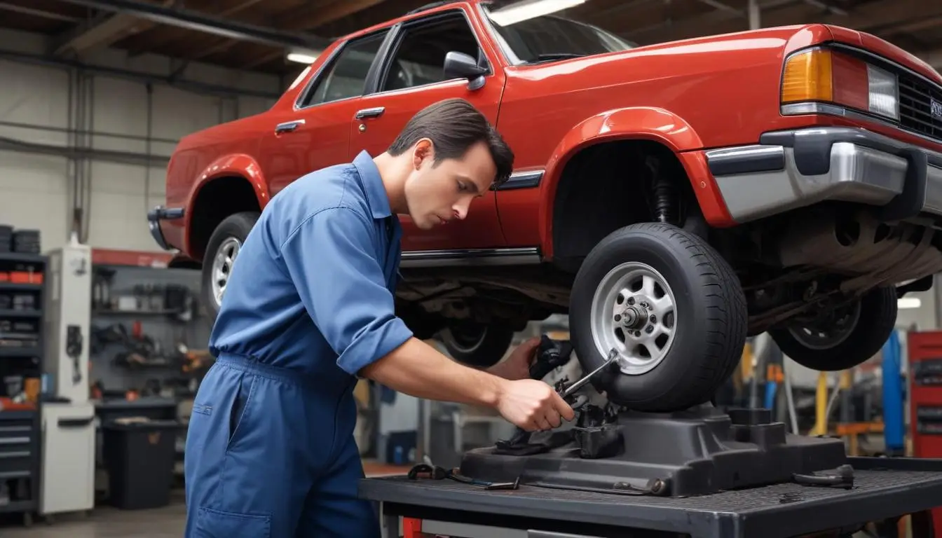 An image depicting a car mechanic inspecting a vehicle's suspension system, focusing on the shock absorbers. The mechanic holds a flashlight, pointing at a leaking shock absorber, which shows signs of wear and tear. A toolbox is visible in the background, indicating a repair setting.