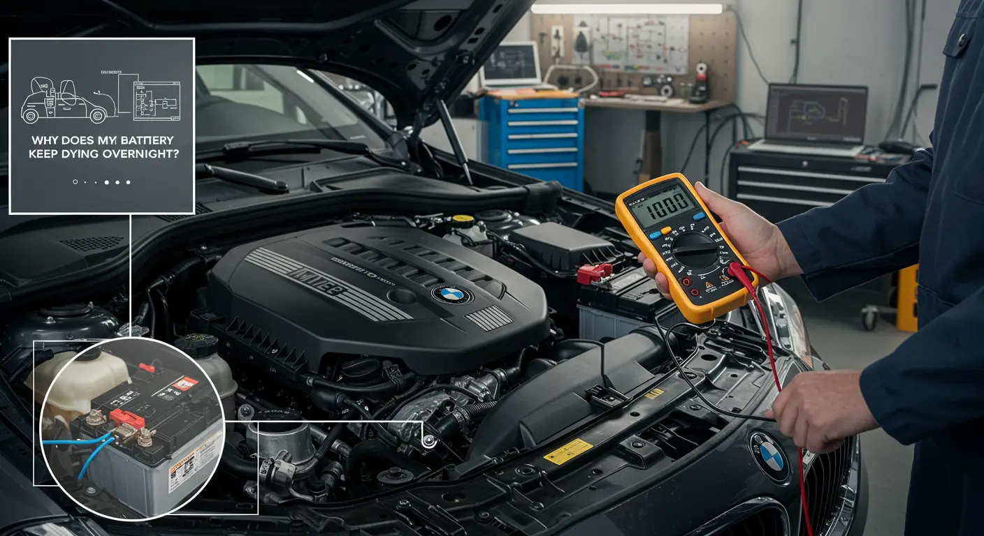 An image showing a frustrated driver looking under the hood of a car, with a focus on the battery, accompanied by text in Serbian Latin offering solutions to prevent a car battery from dying overnight.