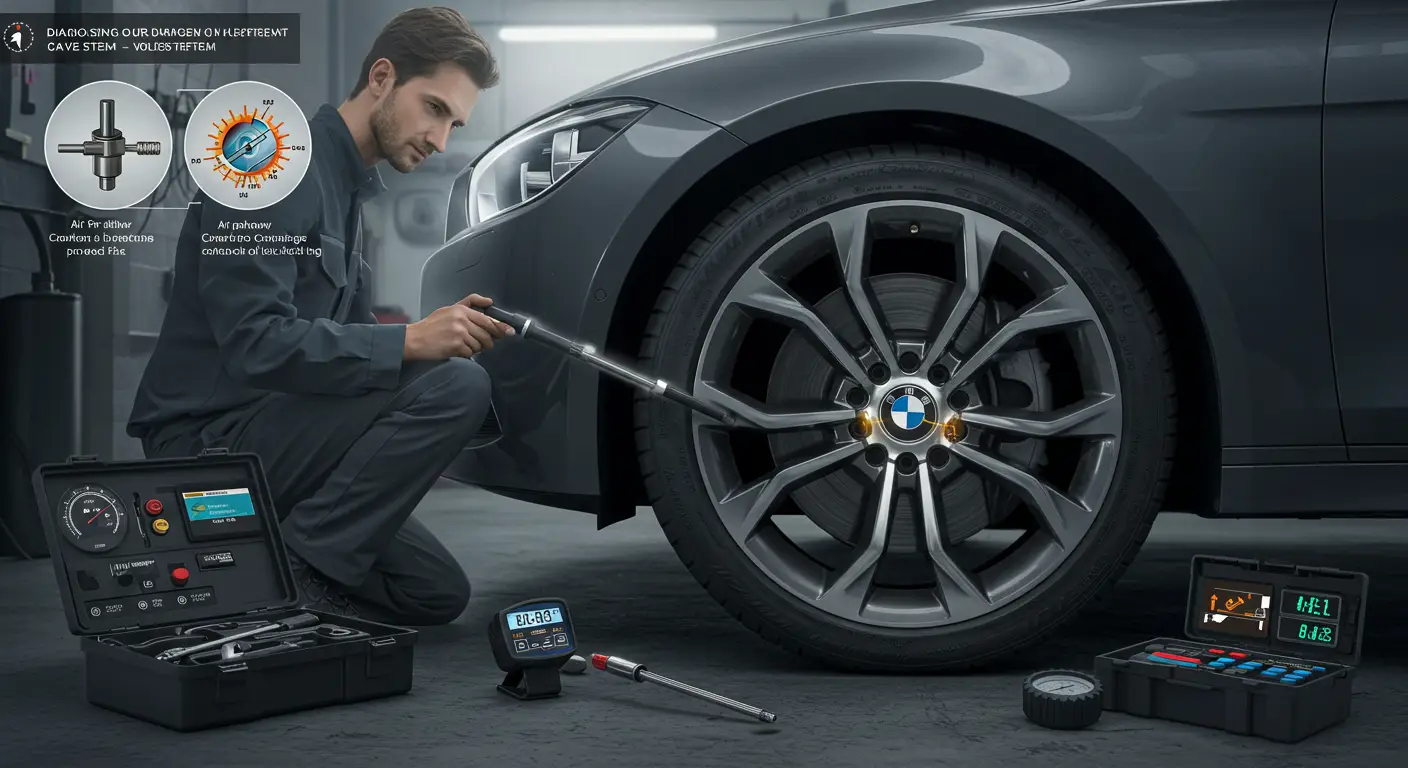 Auto mehaničar pregledava ventil na točku automobila kako bi dijagnostikovao kvar ili oštećenje, dok alat i zamenski delovi leže u pozadini radionice.