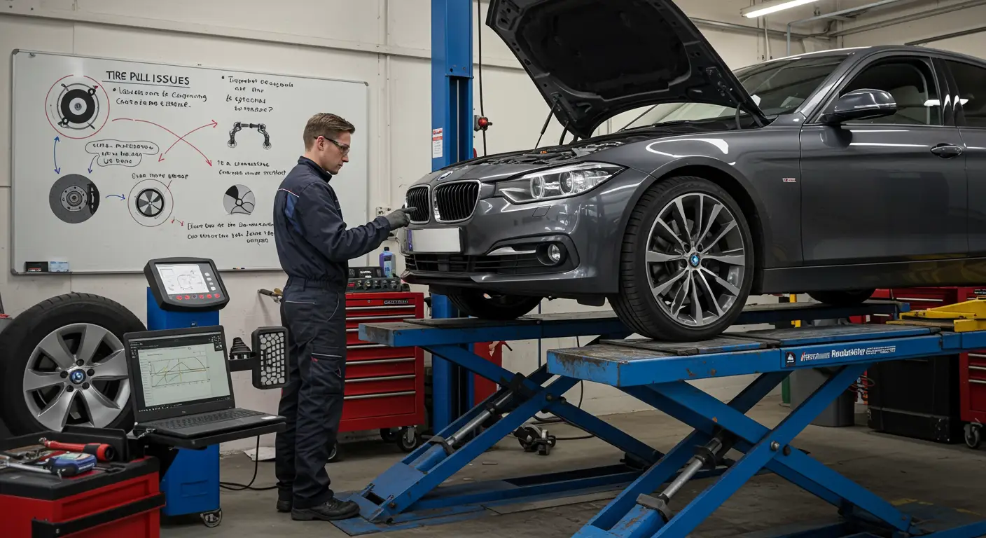 Automobil na putu sa vozačem koji drži volan dok vozilo vuče u stranu zbog problema sa pneumaticima; naslovi na slici prikazuju korake za ispravljanje problema sa vučenjem pneumatika.