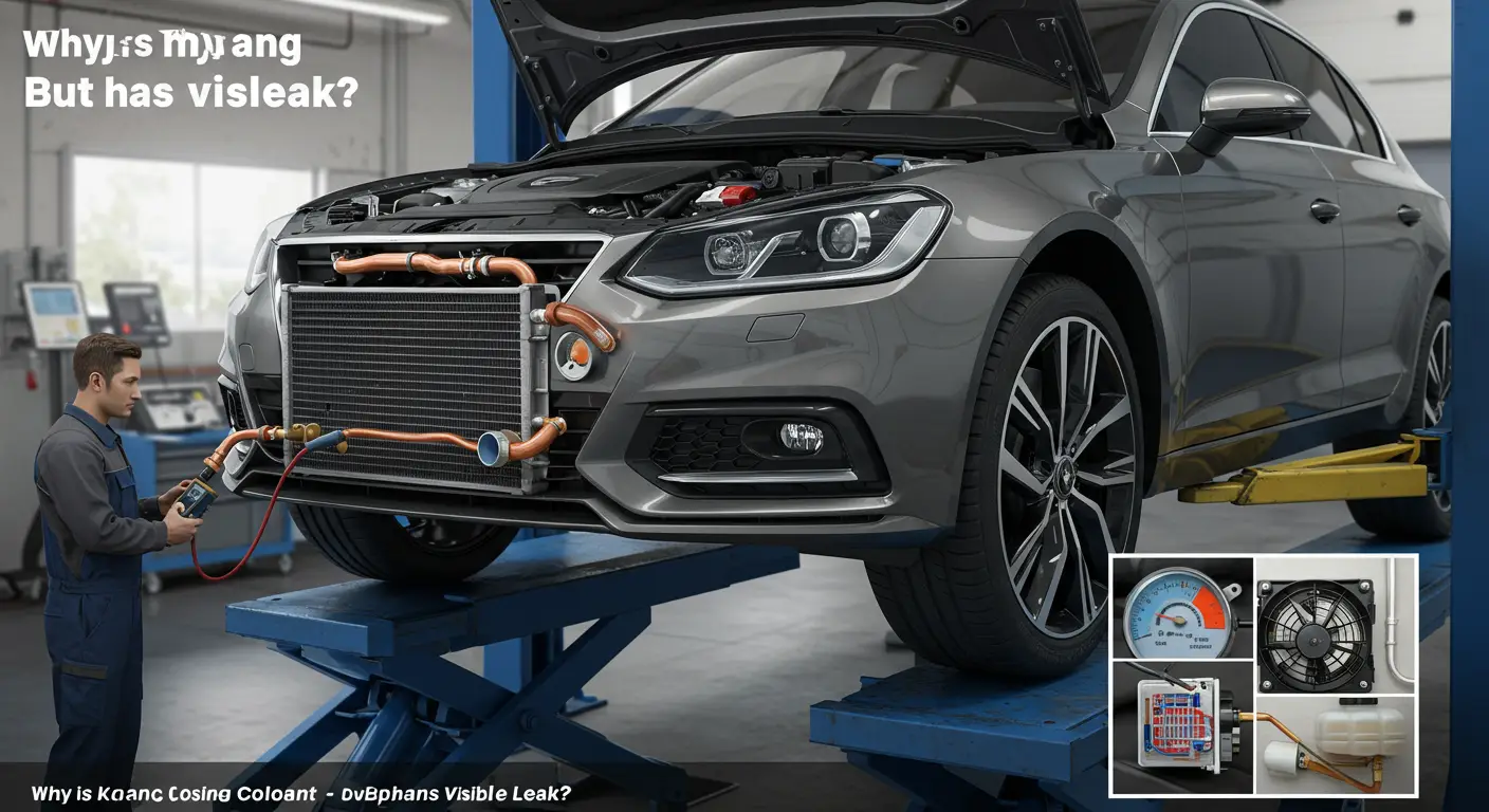 Automobil parkiran na prilazu, otvorena hauba prikazuje motor; vlasnik drži bocu rashladne tečnosti, zabrinut zbog gubitka rashladne tečnosti bez vidljivih curenja.
