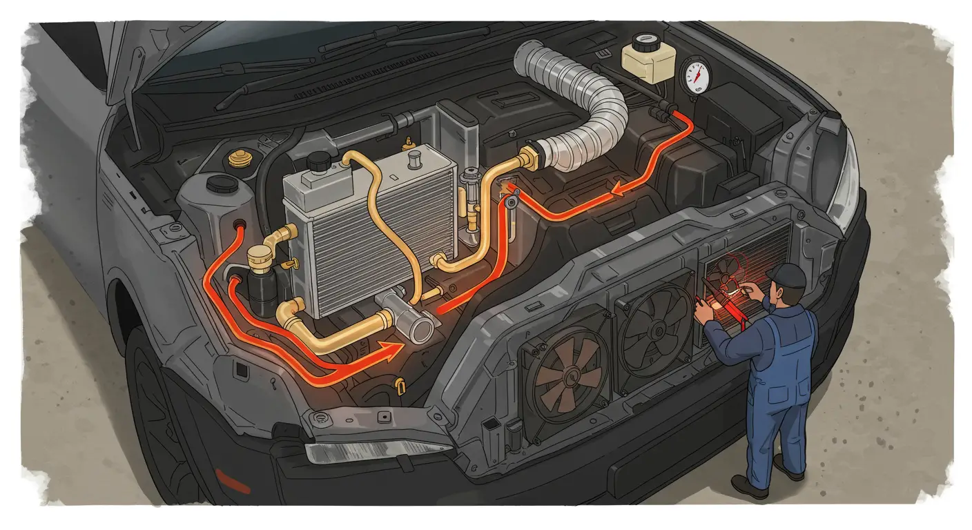 Automobil parkiran sa otvorenom haubom, dok vlasnik proverava komponente sistema za grejanje kako bi dijagnostikovao problem sa neispravnim grejačem.