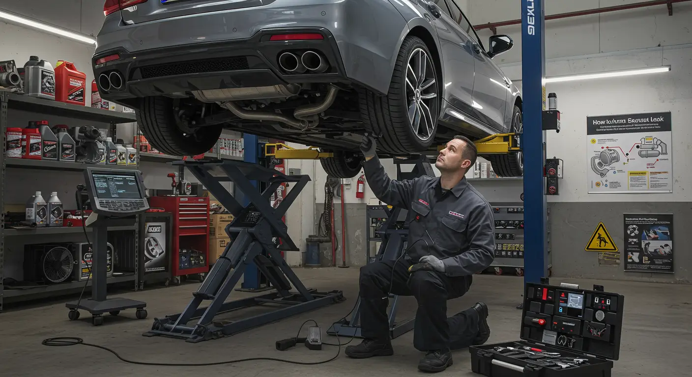Automobil parkiran u garaži sa poklopcem motora podignutim, dok mehaničar koristi detektor curenja izduvnih gasova kako bi identifikovao izvor problema.