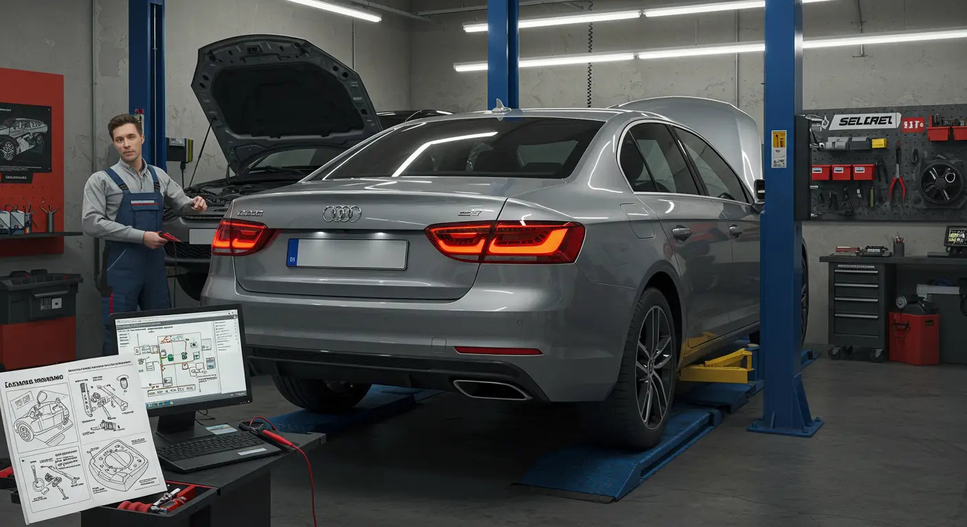 Automobil parkiran u mračnoj garaži sa neosvetljenim registarskim tablicama, ilustrujući problem neispravnih svetala za registarske tablice i moguće uzroke i popravke.