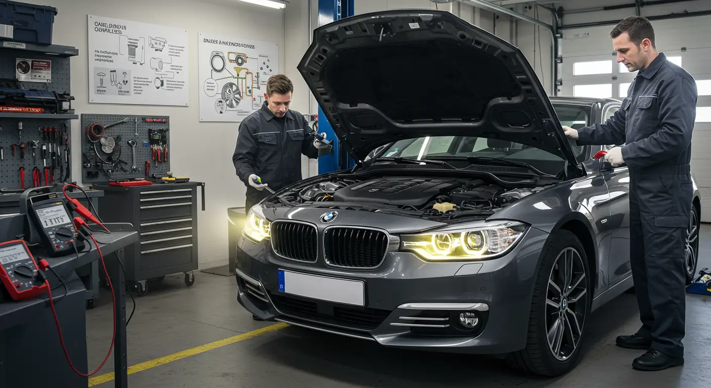 Automobil sa desnom farom svetlijom od leve, parkiran na noćnom putu, ilustruje problem neravnomerne osvetljenosti farova i potencijalnih rešenja poput zamene sijalica ili podešavanja farova.