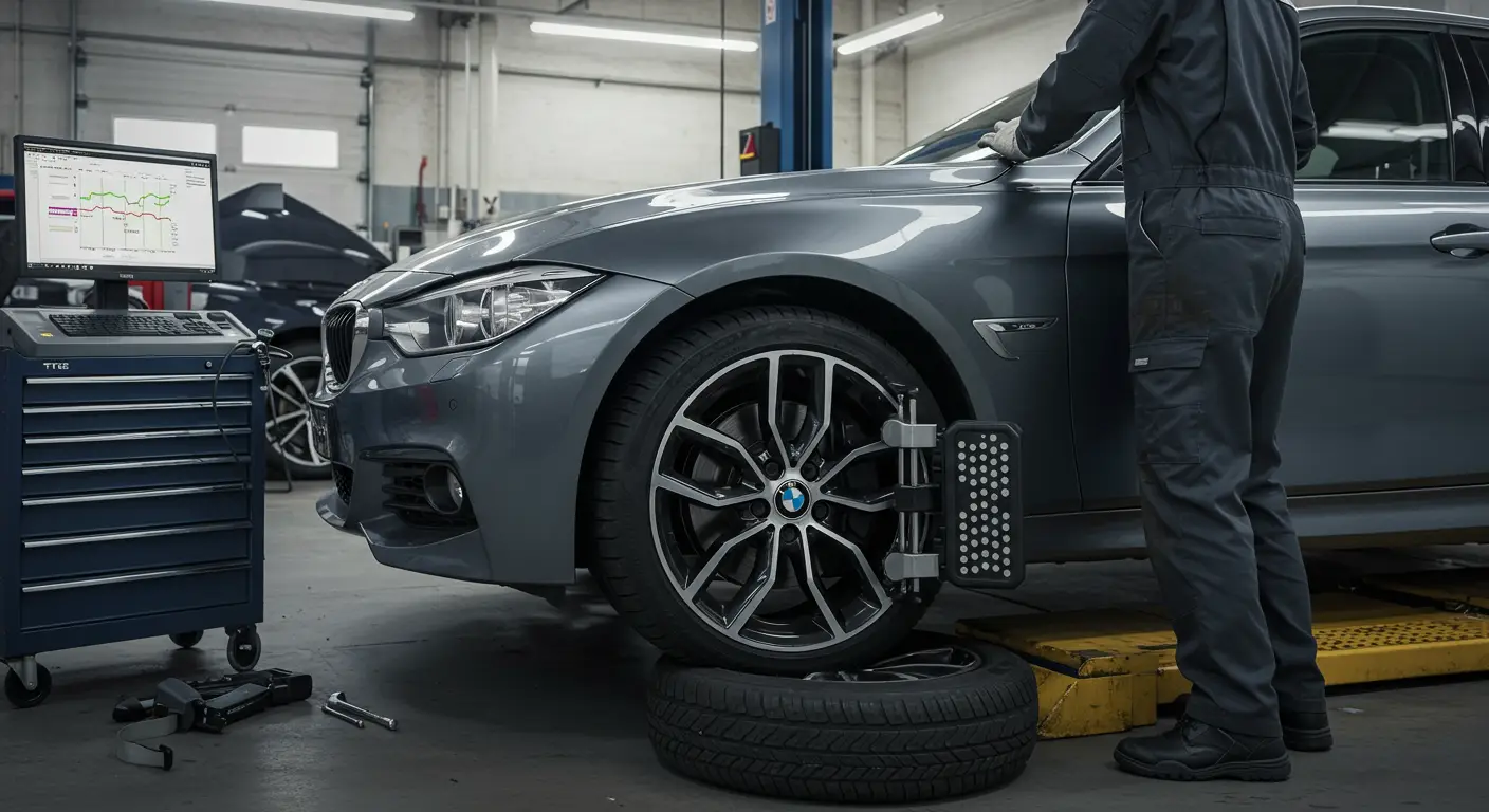 Automobil sa nepravilno istrošenim gumama na prednjem točku, ilustrujući problem sa neusaglašenim poravnanjem točkova.