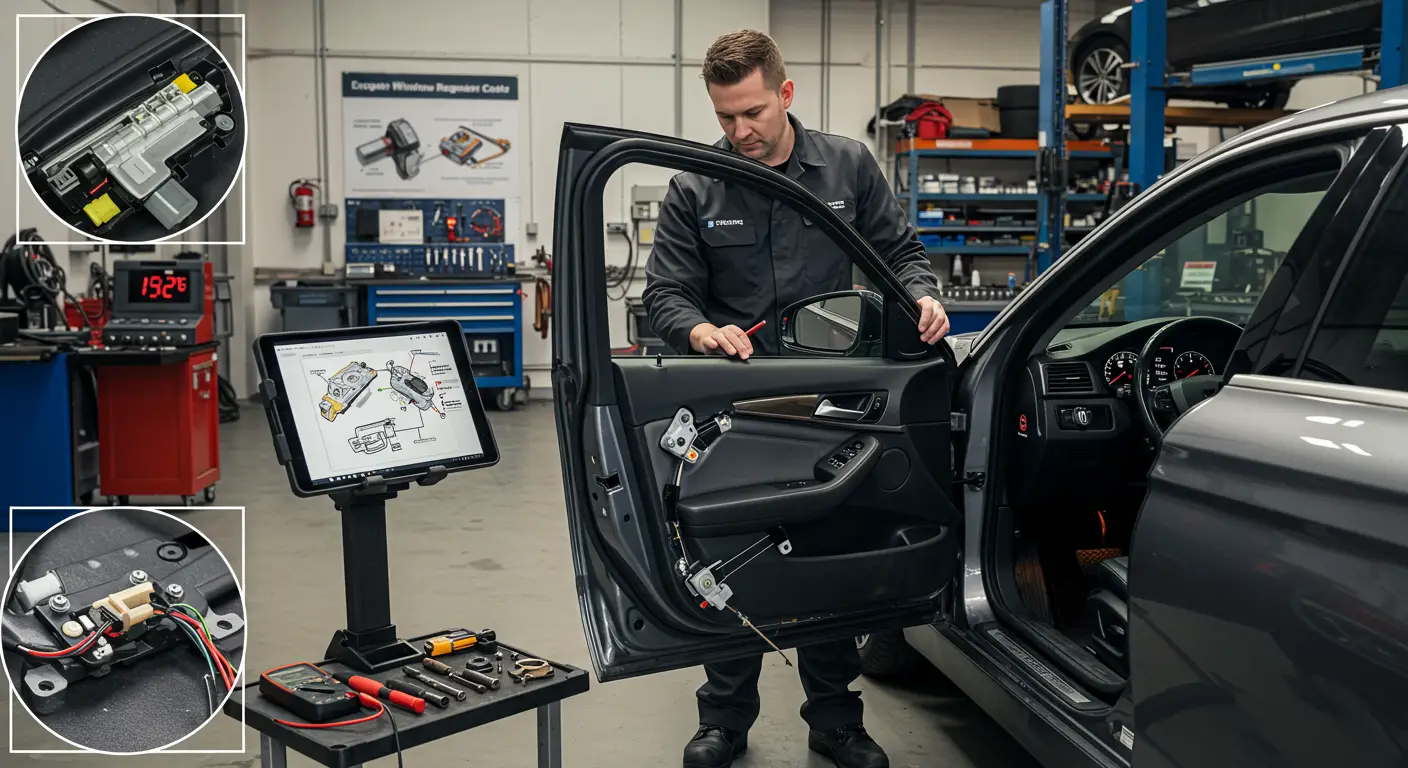 Automobil sa otvorenim vratima prikazuje pokvareni mehanizam za spuštanje prozora, sa delimično spuštenim prozorom, dok se u pozadini vide alati za zamenu regulatora prozora.