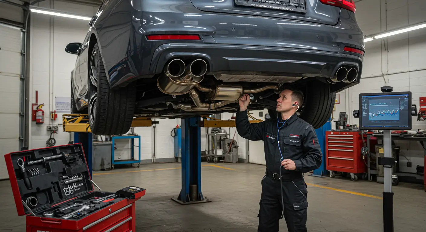 Automobil sa otvorenom haubom u garaži; mehaničar pregledava izduvni sistem kako bi dijagnostikovao uzroke prekomerne buke iz auspuha.