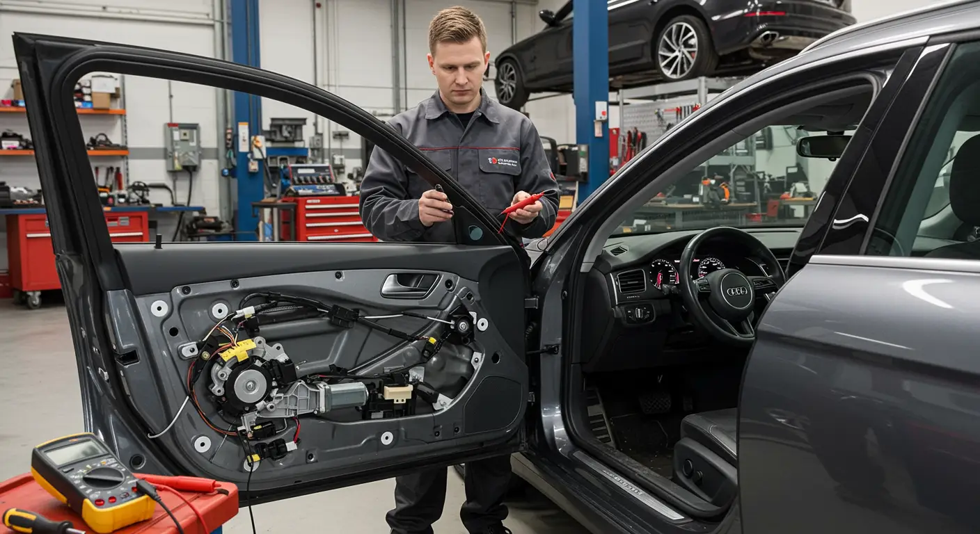 Automobil sa spuštenim prozorom koji se ne može podići zbog neispravnog regulatora prozora; alat i rezervni delovi nalaze se pored vrata, ukazujući na proces dijagnostike i zamene.