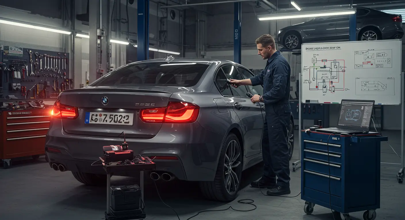Automobil sa upaljenim zadnjim svetlima za kočenje dok je parkiran na kišnoj ulici, ilustrujući problem konstantno uključenih kočionih svetala i potrebu za dijagnostikom i rešenjima.