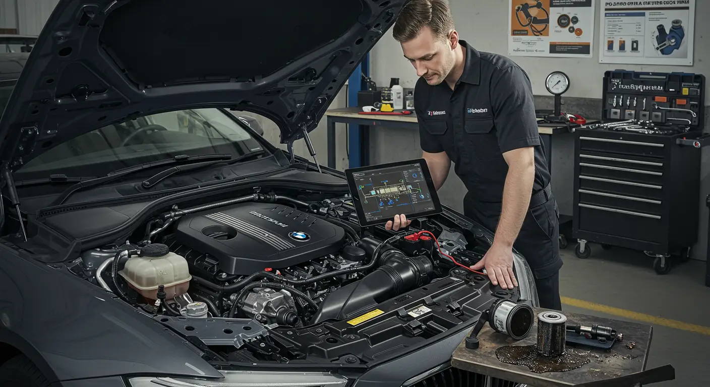 Automobil u garaži sa otvorenim haubom, dok mehaničar koristi dijagnostički alat da proveri sistem za gorivo zbog moguće kontaminacije.