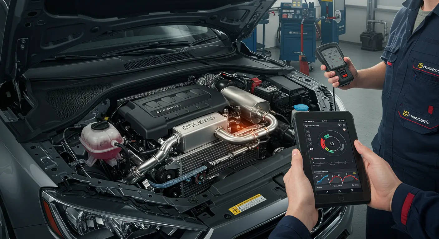 Automobil vozi autoputem dok se u motoru odvija regeneracija DPF filtera, što smanjuje emisiju čestica i održava efikasnost vozila.