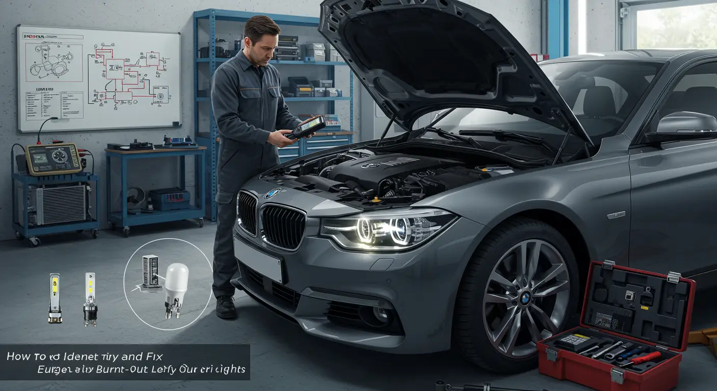 Automobilsko svetlo sa otvorenim poklopcem, prikazujući unutrašnjost LED sijalice sa detaljnim oznakama mesta gde je potrebno izvršiti zamenu ili popravku pregorelih delova.