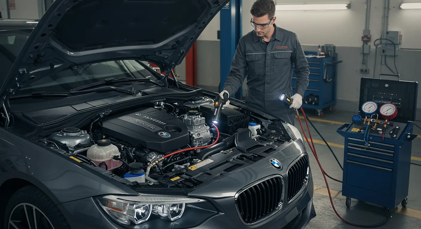 Detekcija curenja rashladnog sredstva u A/C sistemu automobila uključuje korišćenje UV boja, elektronskih detektora curenja ili sapunaste vode za identifikaciju curenja, a popravka obuhvata zamenu oštećenih delova i ponovno punjenje sistema rashladnim sredstvom.
