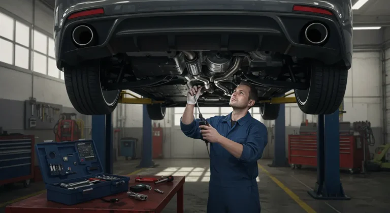 Dijagnostikovanje i popravka neispravne fleksibilne cevi izduvnog sistema automobila. Auto-servis, mehaničar, popravka izduva.