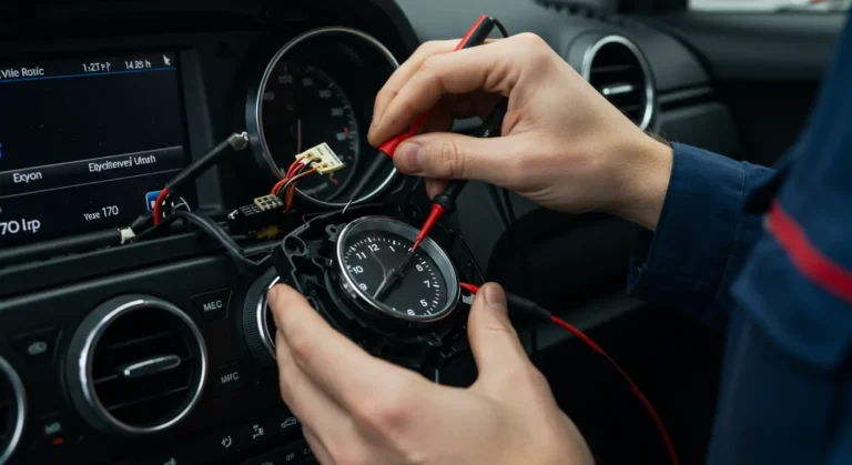 Dijagnostikovanje i popravka neispravnog automobilskog sata: alati, žice, šrafcigeri, dijagnostički uređaji, rukavice, instrukcije za popravku automobilske elektronike.