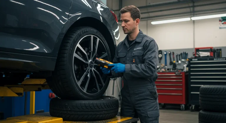 Simptomi oštećenja run-flat guma, saveti za dijagnozu i popravku. Prikaz automobilskih guma i alata za popravku.