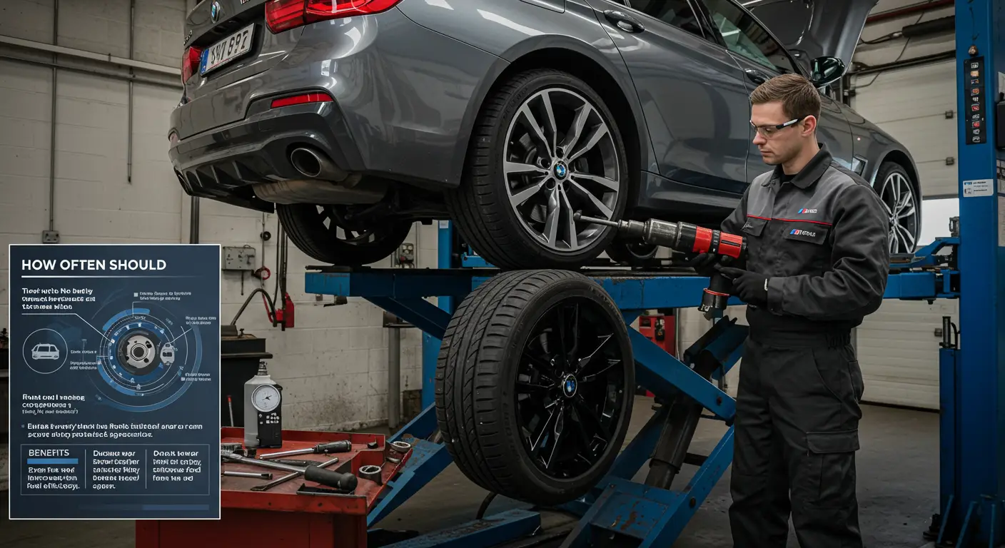 Fotografija automobila u radionici sa mehaničarem koji pokazuje na gume, ilustrujući potrebu za rotacijom guma radi ravnomernog habanja i produženja veka trajanja.