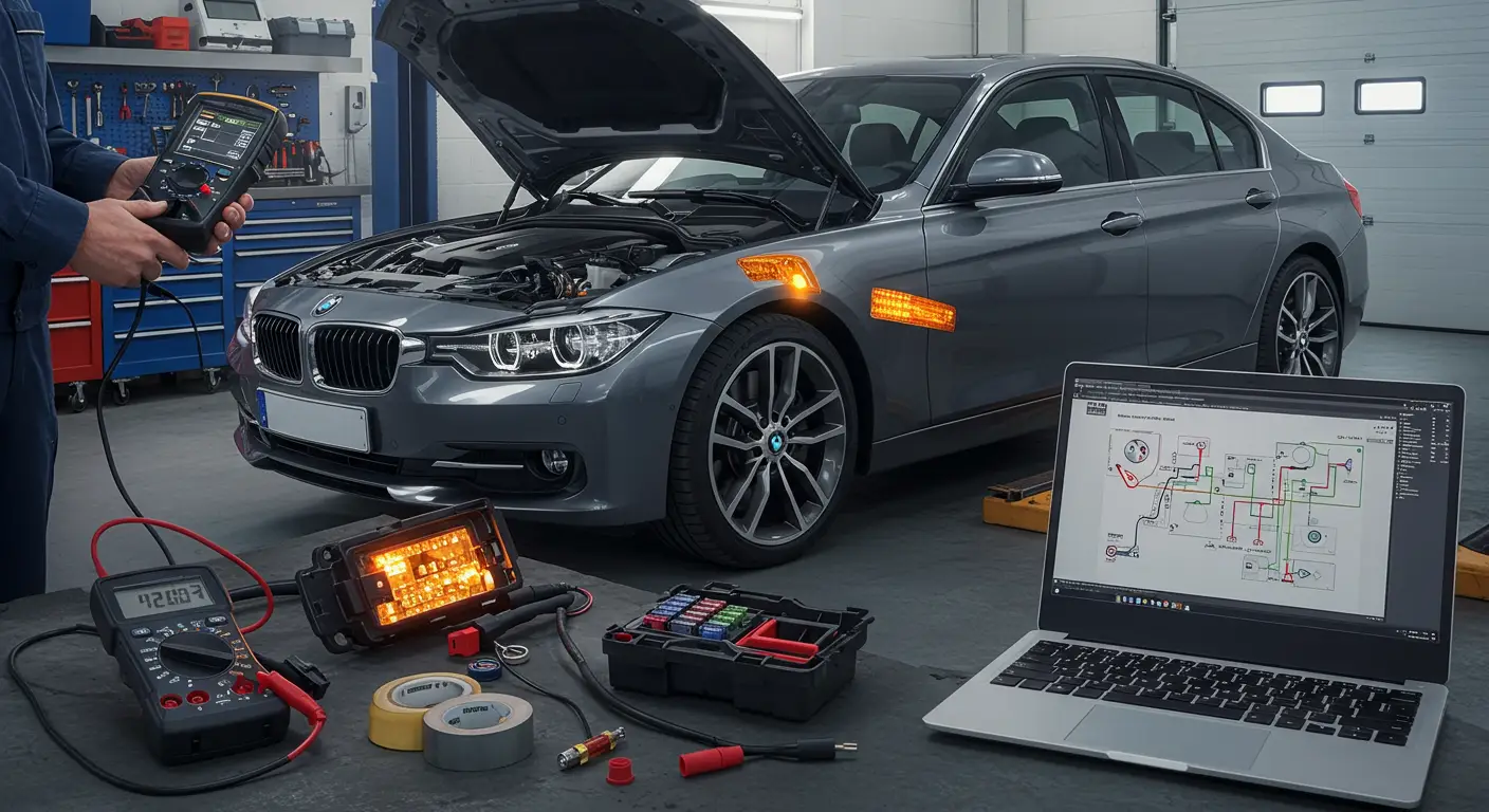 Fotografija prikazuje auto-mehaničara kako proverava električne instalacije u automobilu dok dijagnostikuje problem sa pokvarenim migavcem.