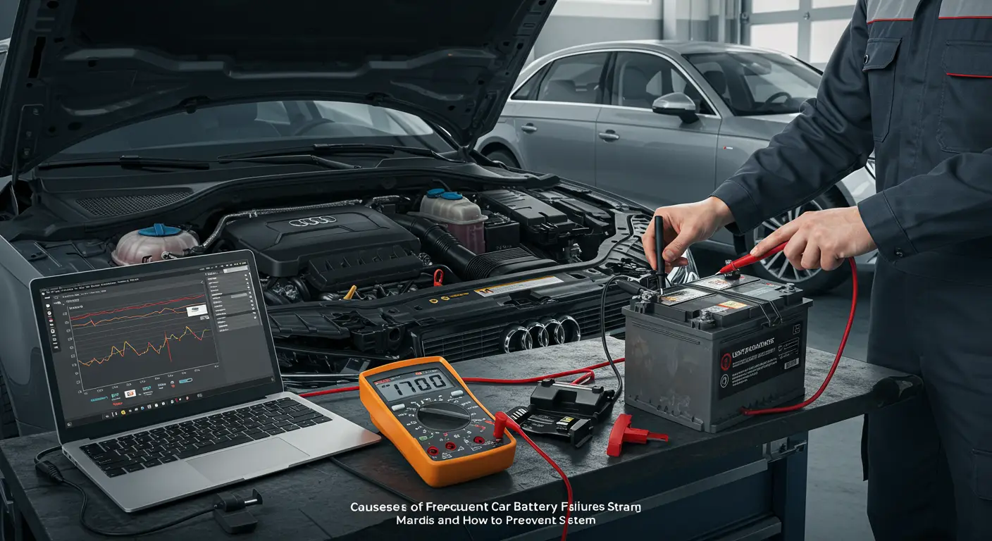 Fotografija prikazuje auto-mehaničara kako proverava napon automobilske baterije uz pomoć multimetra, što ilustruje istraživanje uzroka čestih kvarova baterija i načine za njihovu prevenciju.