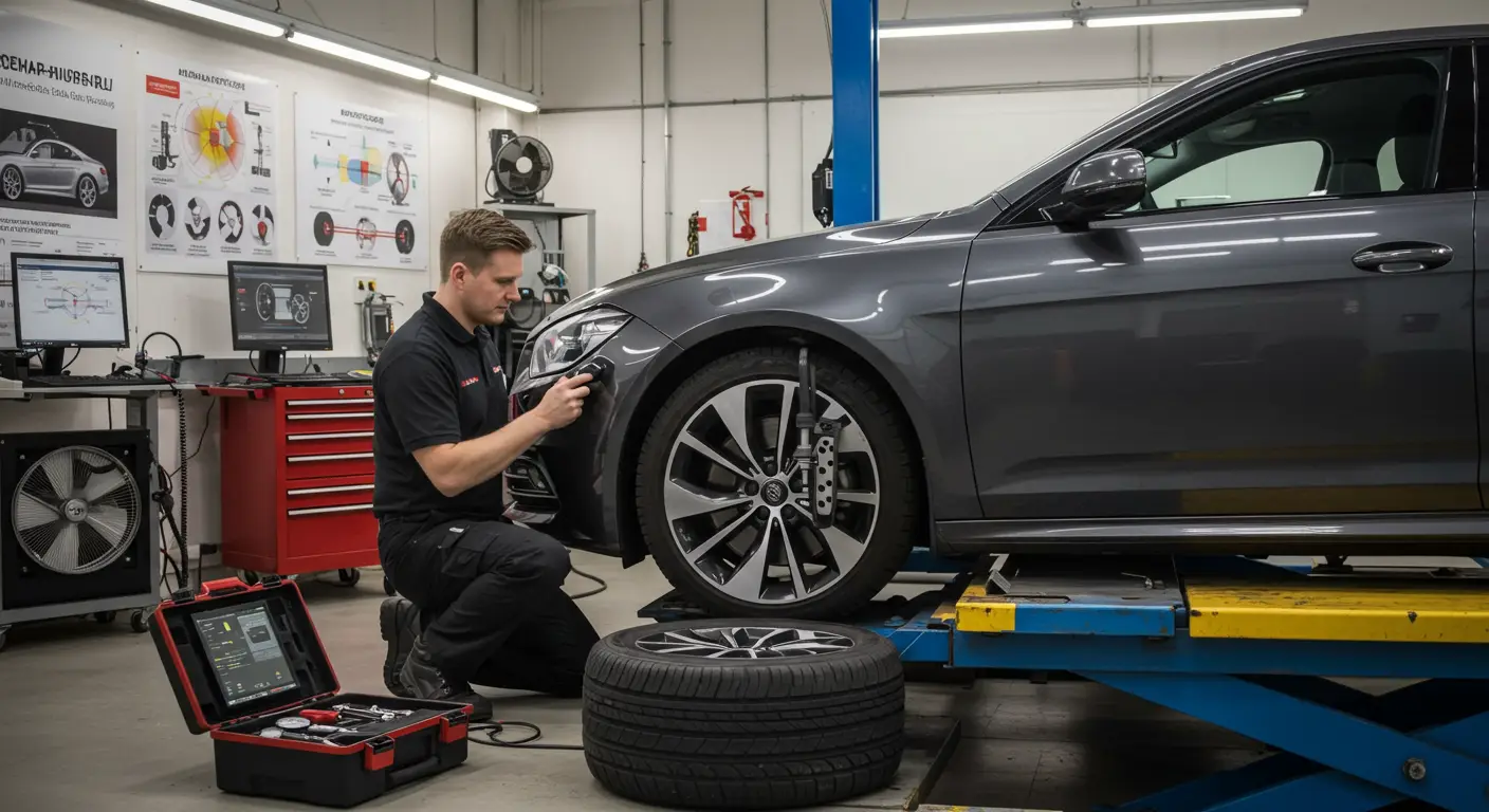 Fotografija prikazuje automobil na liftu u auto-servisu, dok mehaničar proverava poravnanje točkova pomoću specijalizovane opreme.