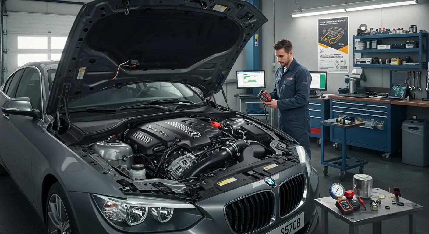 Fotografija prikazuje automobil otvorene haube sa mehaničarom koji dijagnostikuje probleme sa sistemom za gorivo, potencijalni uzrok otežanog paljenja vozila.