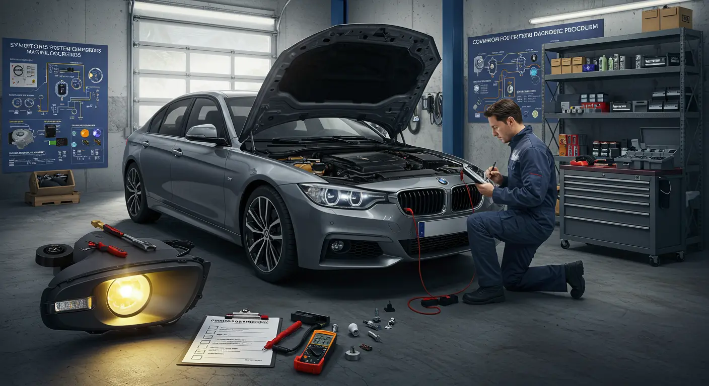 Fotografija prikazuje automobil parkiran na kišnoj ulici sa upaljenim prednjim svetlima, dok su maglenke neispravne; na slici su istaknuti znakovi korozije i oštećenih konektora kao mogući uzroci problema.