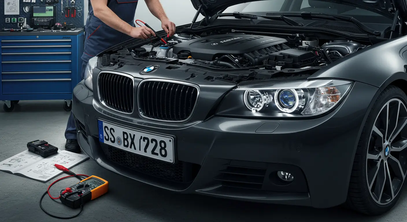 Fotografija prikazuje automobil parkiran na mračnoj ulici sa uključenim kratkim svetlima, dok vozač pokušava da identifikuje problem zbog kojeg duga svetla ne rade ispravno.