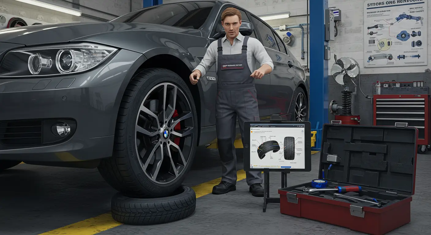 Fotografija prikazuje automobil sa nejednako istrošenim gumama, uz prateći grafikon koji ilustruje različite uzroke poput nepravilne geometrije točkova i neodgovarajućeg pritiska u gumama, sa predlozima za rešenja kao što su balansiranje točkova i pravilna rotacija guma.