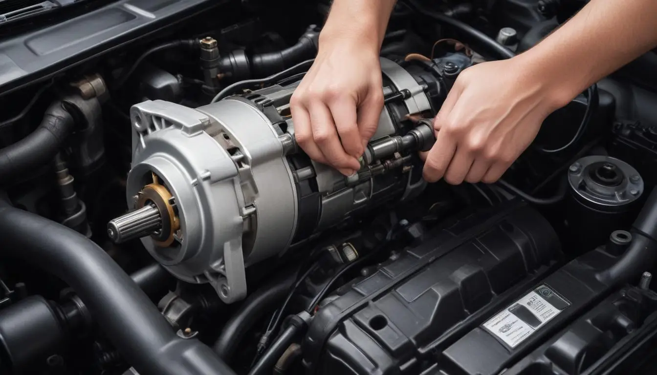 Fotografija prikazuje automobil sa podignutom haubom dok mehaničar proverava starter motor. Na stolu su razmešteni alati i rezervni delovi.
