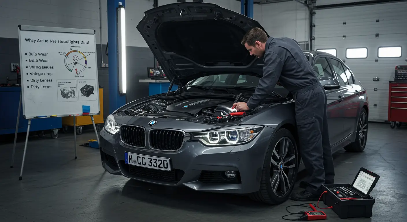 Fotografija prikazuje automobil sa upaljenim svetlima na tamnoj ulici, pri čemu su farovi primetno slabi, ilustrujući temu problema sa slabim osvetljenjem i potencijalnih uzroka i rešenja.