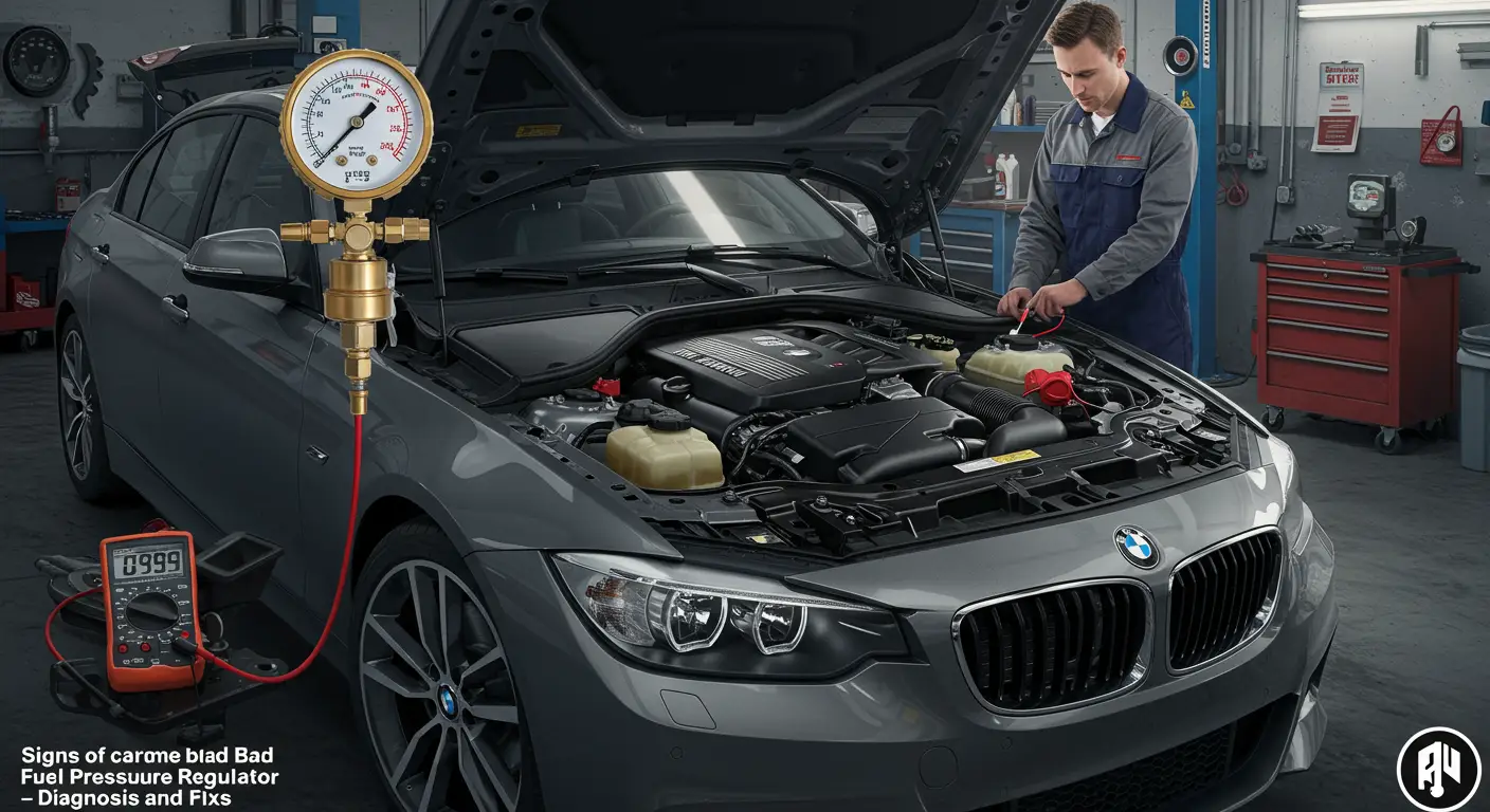 Fotografija prikazuje automobil u garaži sa otvorenom haubom, dok mehaničar koristi alat za proveru regulatora pritiska goriva kako bi dijagnostikovao problem.