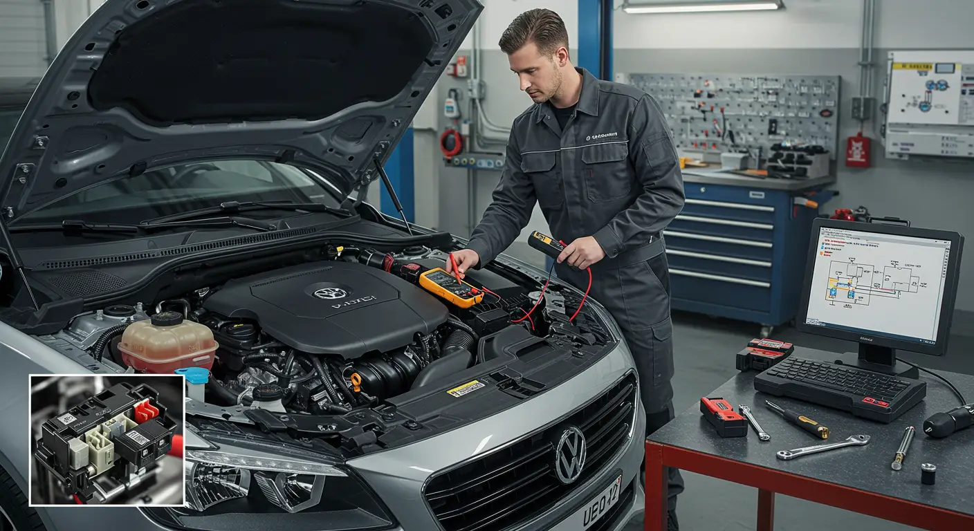 Fotografija prikazuje automobilsku haubu sa fokusom na ventilator rashladnog sistema. Na slici su prikazani kablovi i relej, uz istaknute simptome kvara kao što su pregrevanje motora i ventilator koji ne radi.