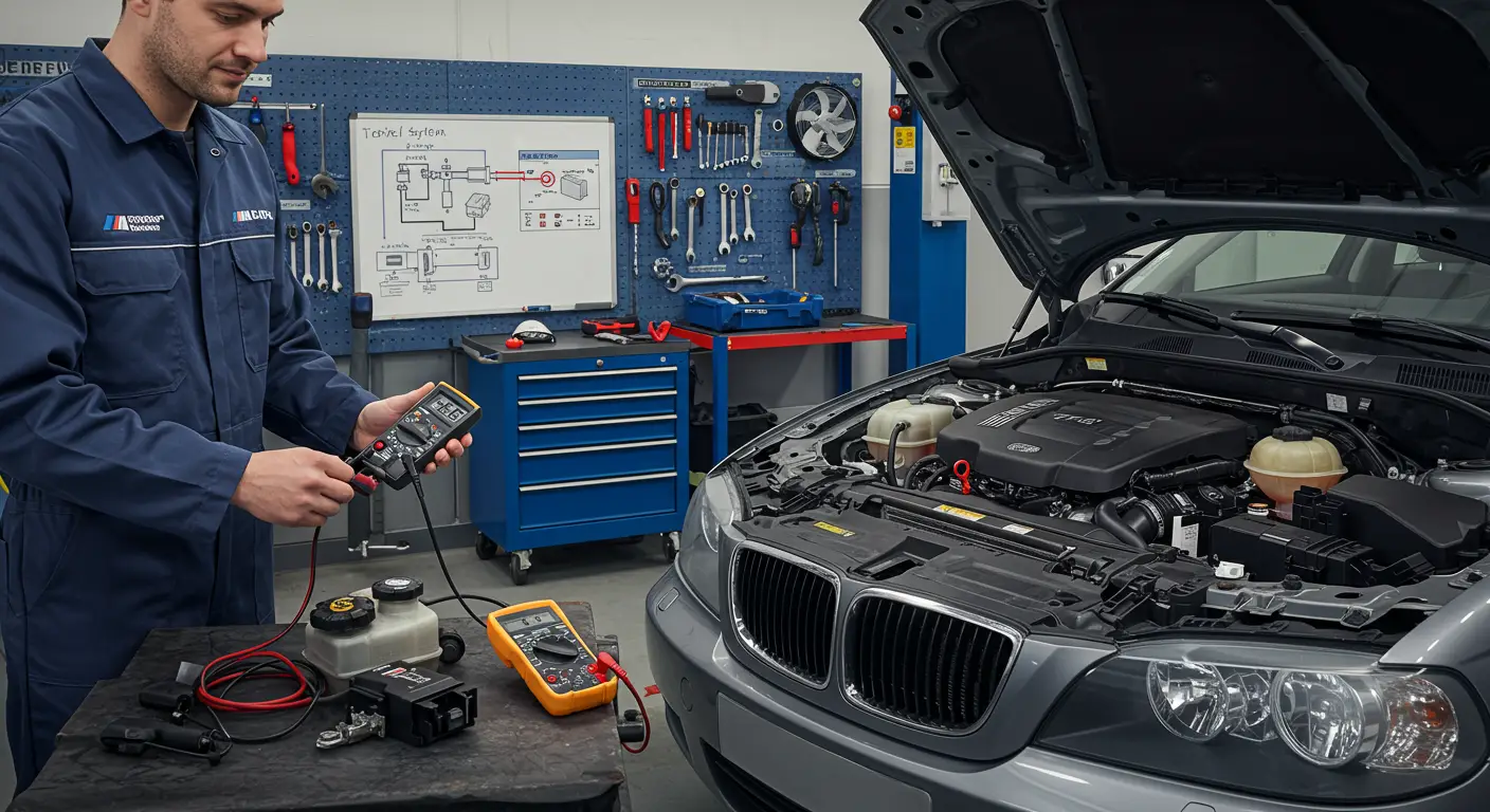 Fotografija prikazuje čoveka kako proverava osigurače i releje u električnoj kutiji automobila, sa fokusom na postupak dijagnostikovanja i zamene neispravnog releja svetla.