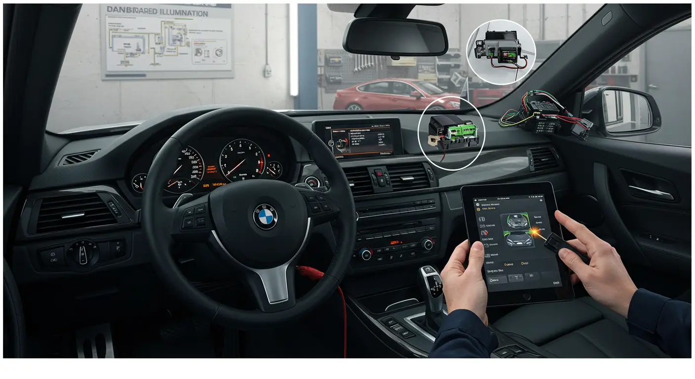 Fotografija prikazuje instrument tablu automobila sa delimično osvetljenim kontrolnim lampicama, ilustrujući problem sa osvetljenjem na instrument tabli, dok čovek u mehaničkoj uniformi objašnjava potencijalne uzroke i popravke.