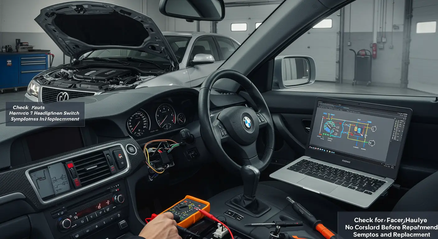 Fotografija prikazuje mehaničara kako koristi multimetar za dijagnostiku pokvarenog prekidača za svetla automobila, dok se na stolu nalazi zamenski prekidač spreman za ugradnju.