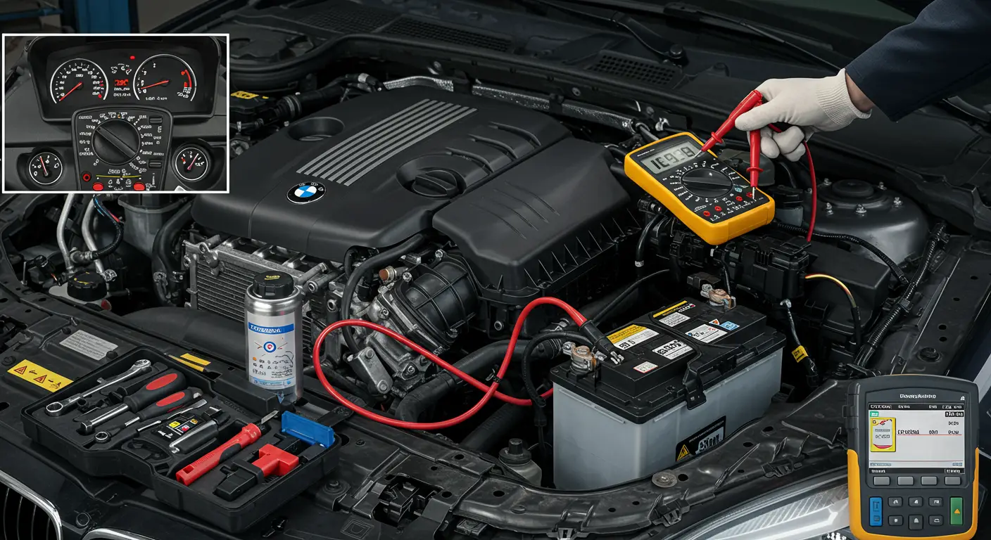 Fotografija prikazuje mehaničara kako proverava i popravlja loše veze na terminalima akumulatora automobila koristeći odgovarajući alat, u garaži sa pozadinskim automobilskim delovima.