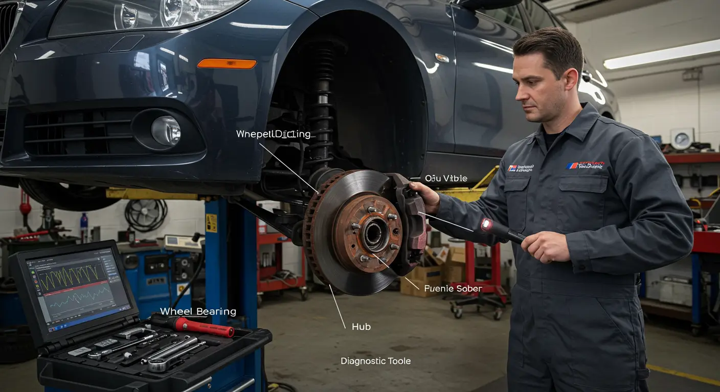 Fotografija prikazuje mehaničara kako proverava ležaj točka automobila, sa alatima raspoređenim oko vozila u automehaničarskoj radionici.