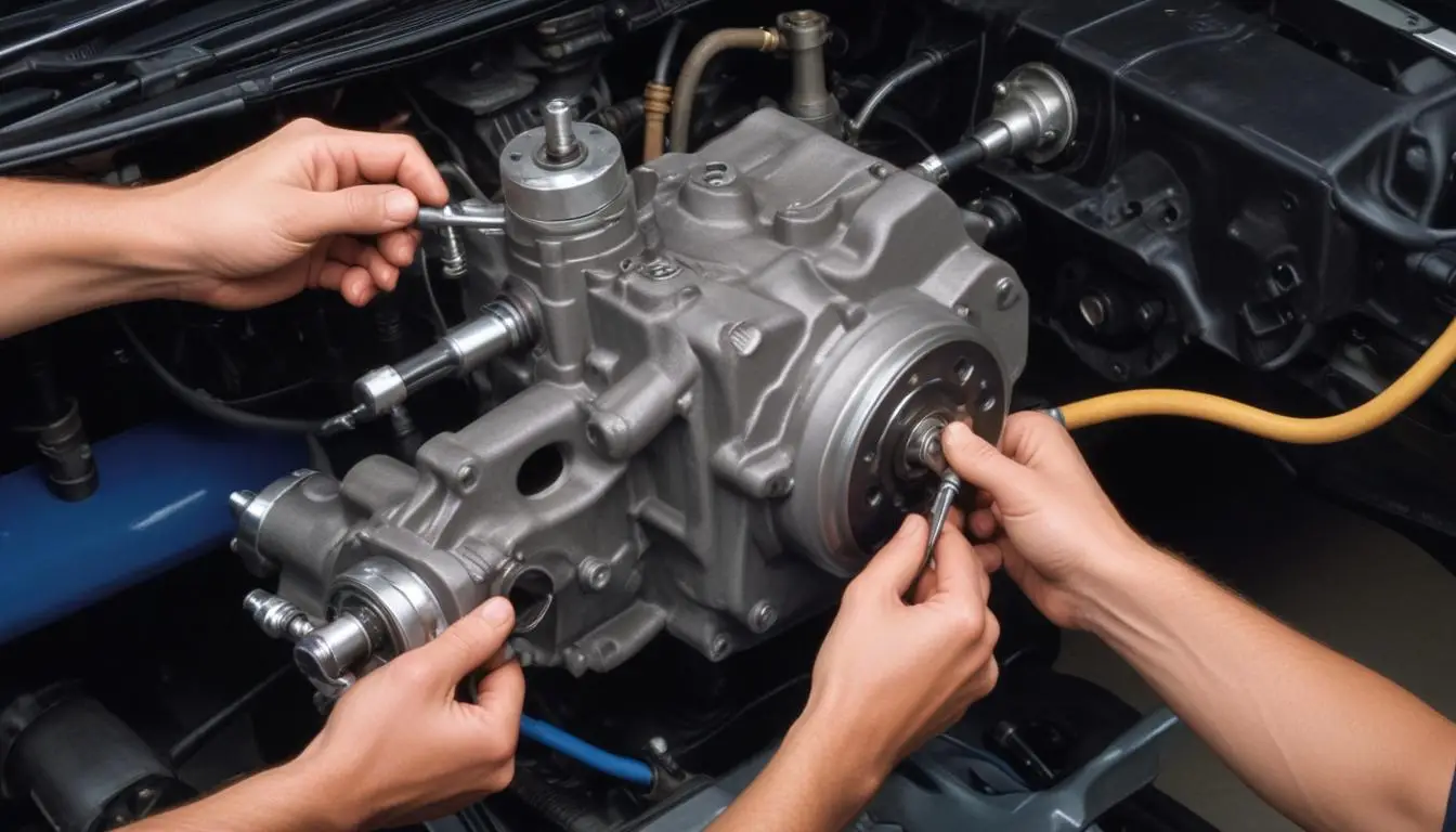 Fotografija prikazuje mehaničara koji pregledava pumpu servo upravljača ispod haube automobila. U pozadini su vidljivi alati i tečnost za servo upravljač.