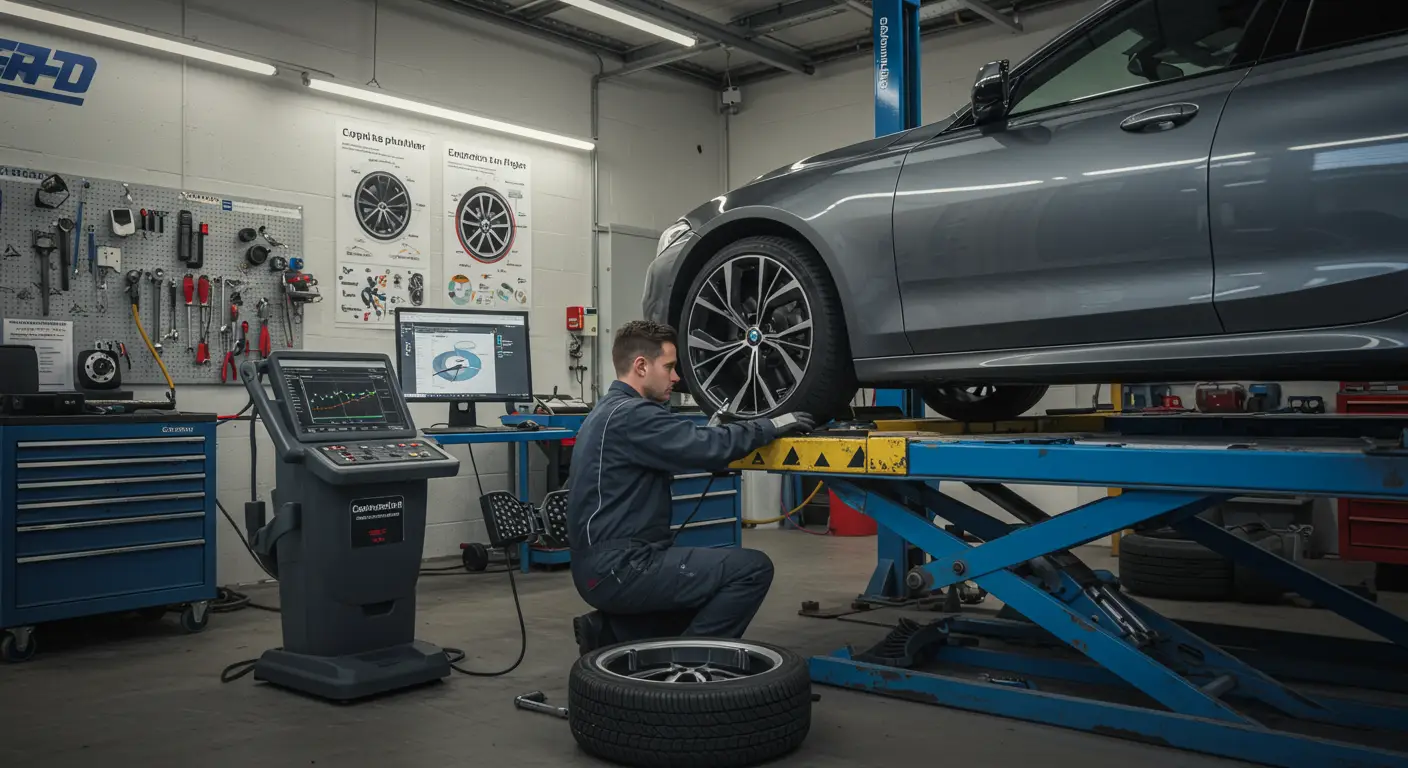 Fotografija prikazuje mehaničara koji pregledava točkove automobila dok je vozilo podignuto na dizalici, fokusirajući se na dijagnostiku problema sa vibracijama volana.