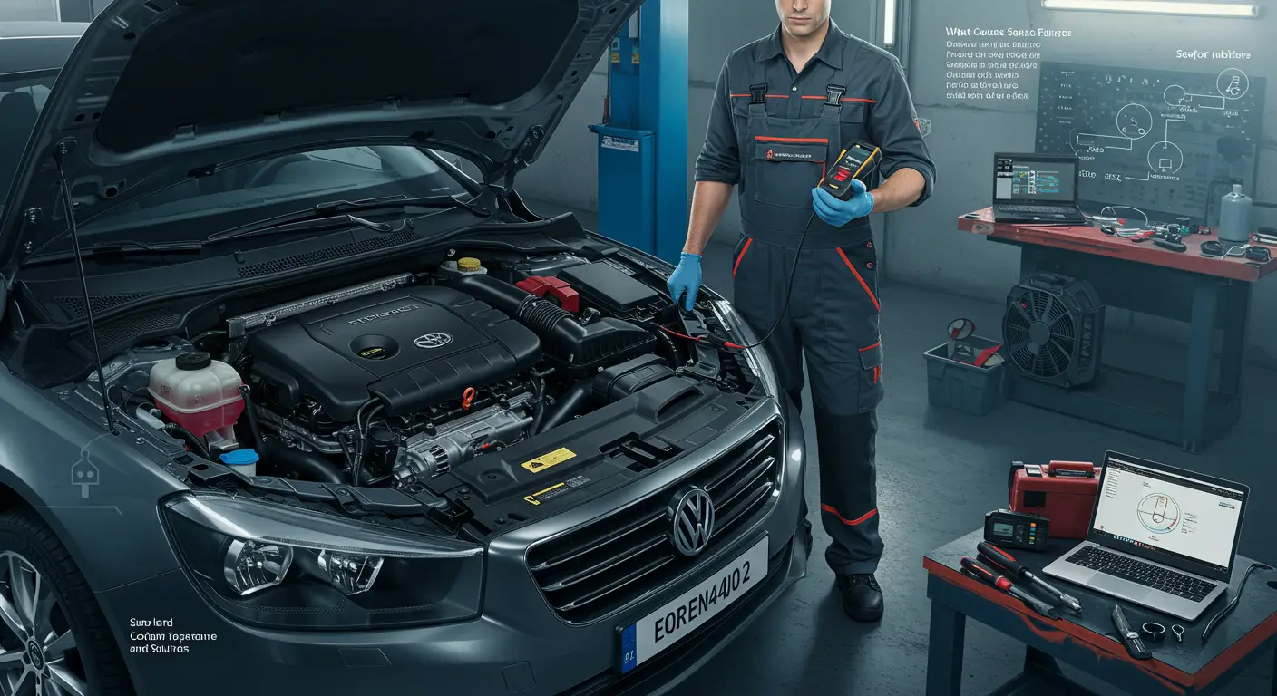 Fotografija prikazuje motor automobila sa otvorenim poklopcem, gde mehaničar pomoću dijagnostičkog alata proverava senzore zbog čestih problema kao što su korozija, oštećenja kablova ili kvarovi povezani sa elektronikom.