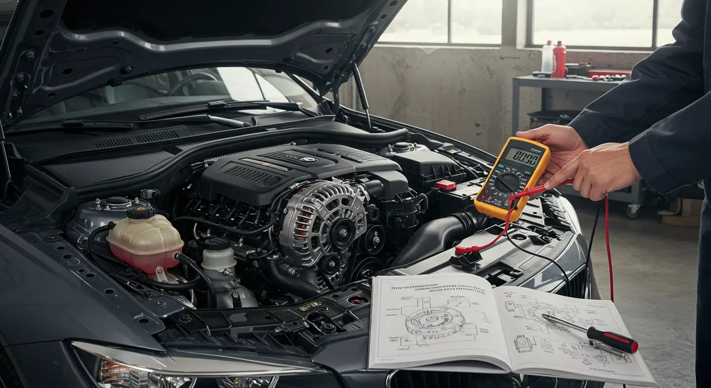 Fotografija prikazuje osobu koja koristi multimetar za proveru ispravnosti alternatora automobila u garaži, prateći uputstva iz vodiča za samostalno testiranje.