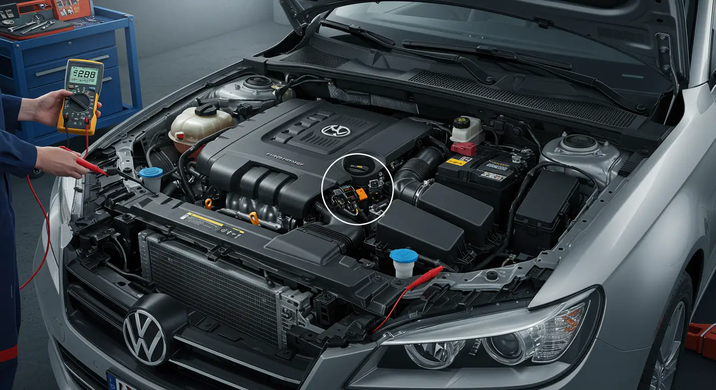 Fotografija prikazuje ruke mehaničara koji drže senzor položaja bregastog vratila, dok se u pozadini vide alati i motor automobila, ilustrujući temu testiranja i zamene neispravnog senzora.