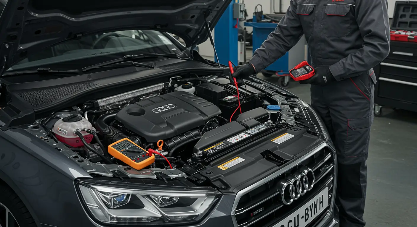Fotografija prikazuje ruku kako drži voltmetar iznad automobilskog akumulatora, ilustrujući proveru napona kao deo redovnog održavanja i zamene akumulatora.
