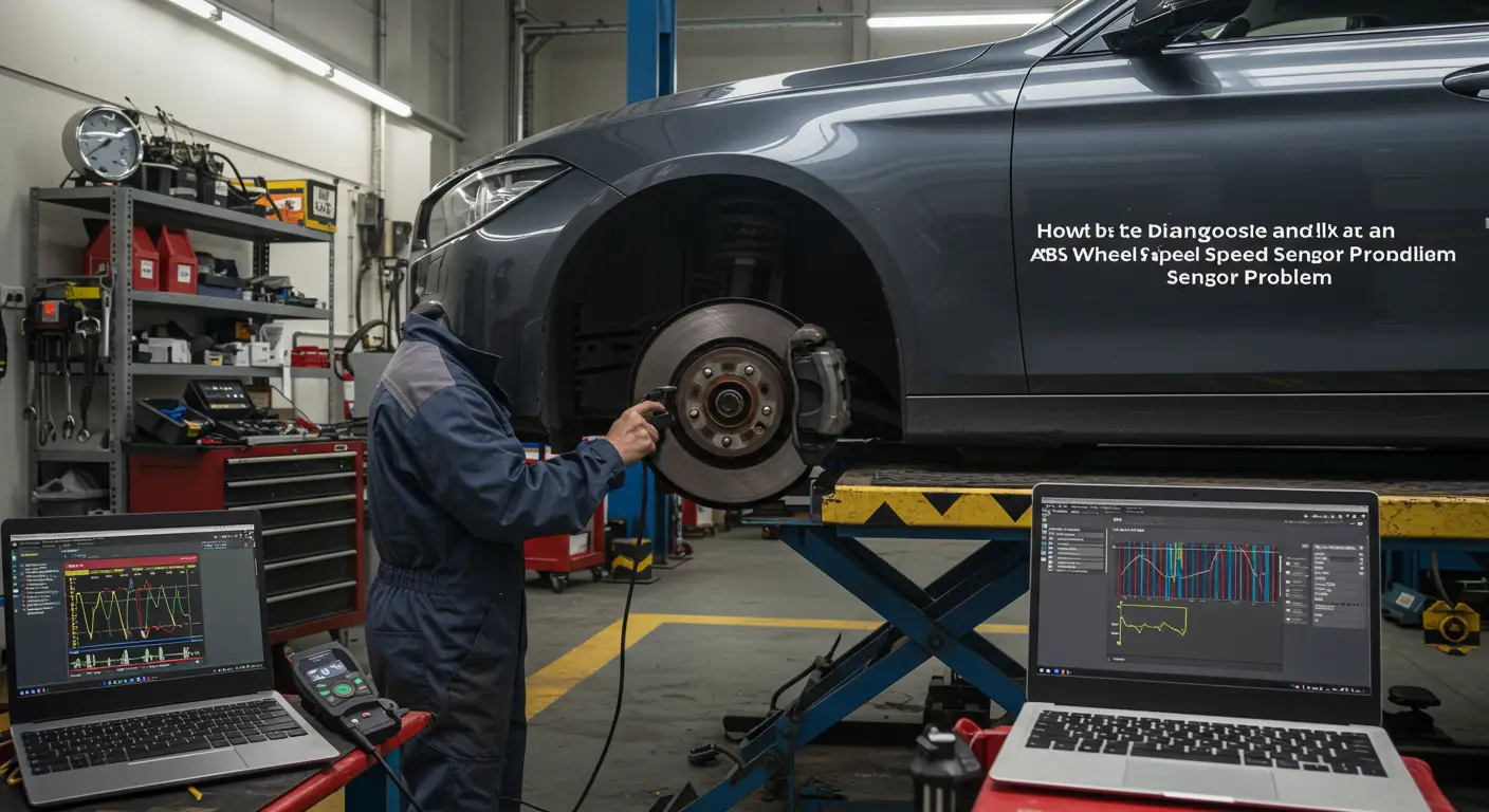 Fotografija prikazuje ruku mehaničara kako koristi multimetar za proveru ispravnosti ABS senzora brzine točka, sa automobilom podignutim na dizalici u pozadini.