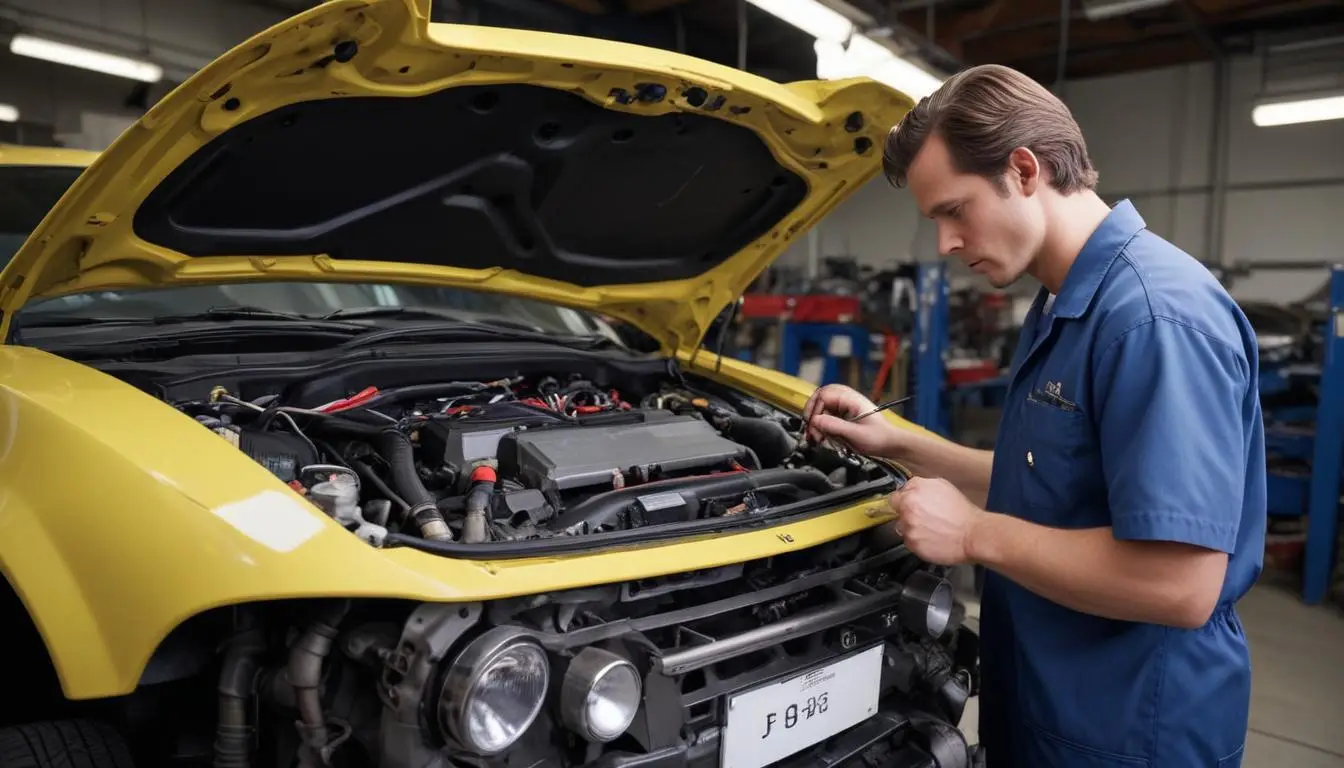 Fotografija prikazuje ruku tehničara koji pomoću multimetra proverava električne konektore u automobilu. Kablovi i konektori su razmotani ispod haube, dok uređaj očitava naponske vrednosti.