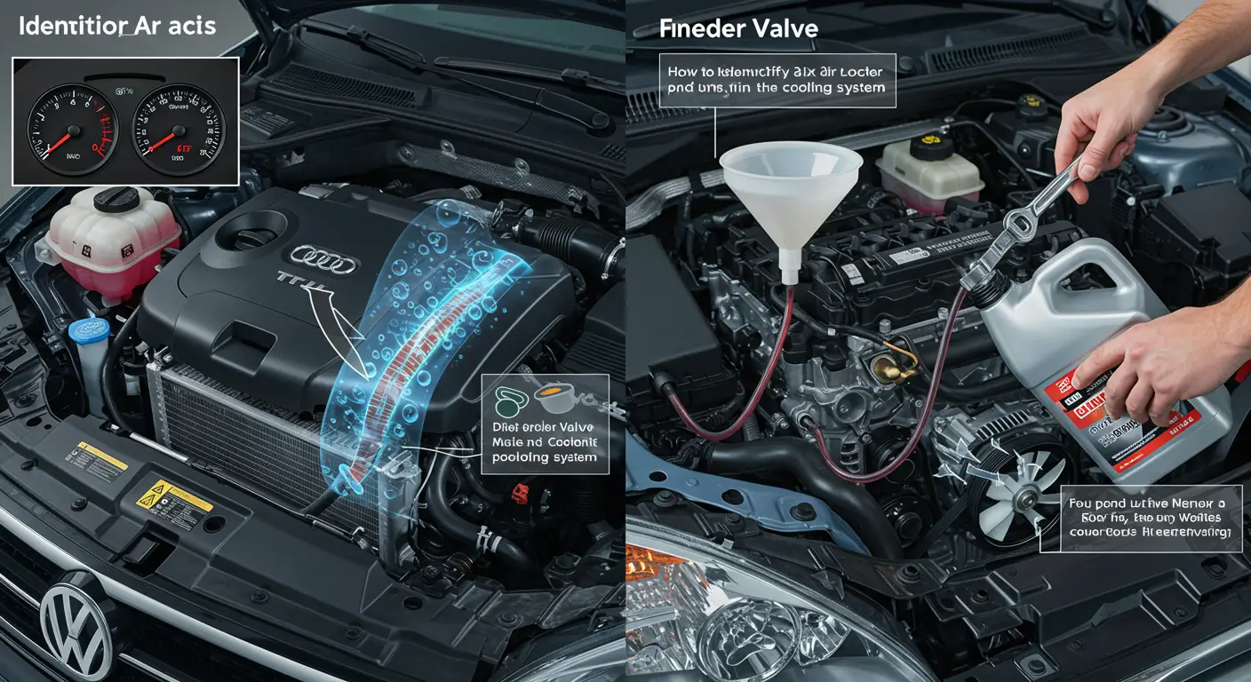 Fotografija prikazuje tehničara kako koristi alat za uklanjanje vazdušnih džepova iz rashladnog sistema automobila, uz otvorenu haubu i vidljive komponente motora.