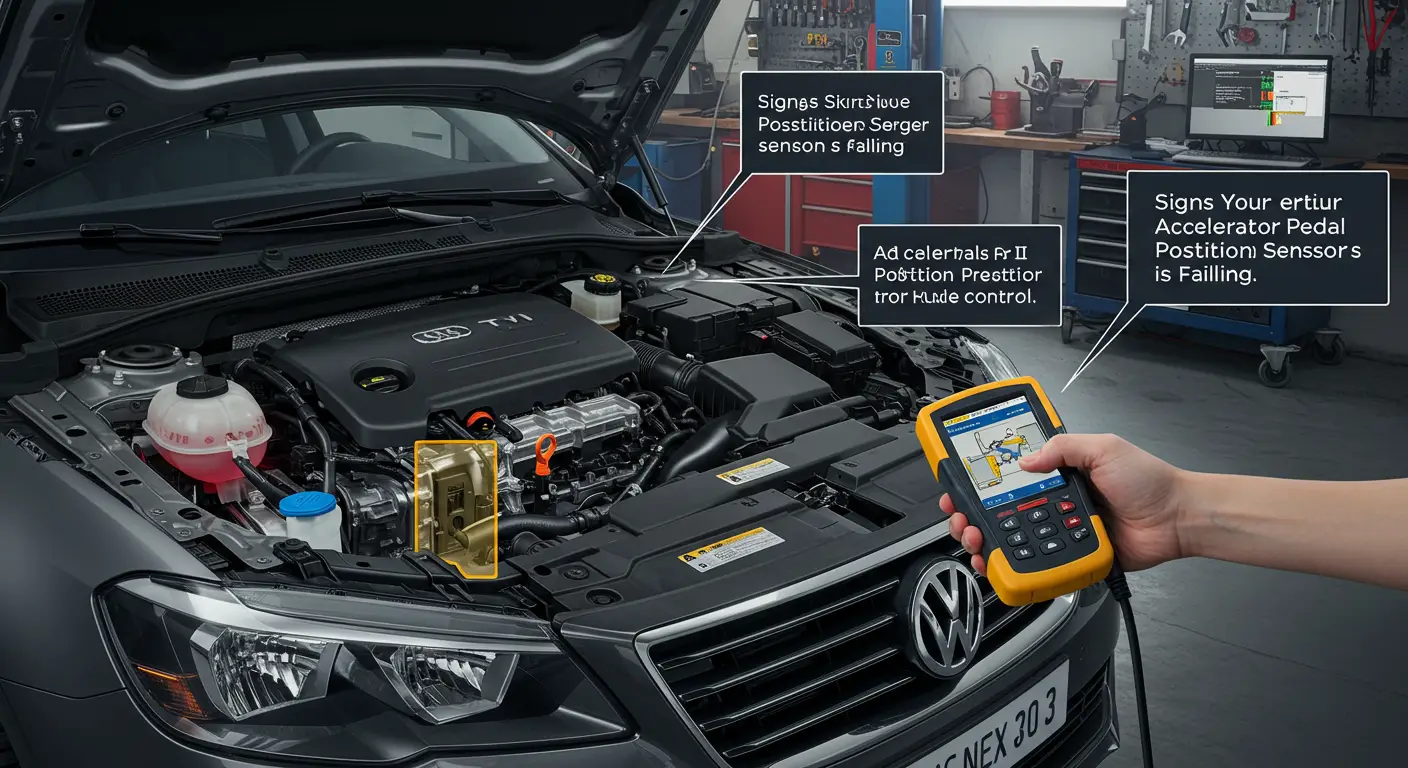 Fotografija prikazuje unutrašnjost automobila sa naglašenim elektronskim senzorom pozicije pedale za gas koji može ukazivati na kvar, kao što su problemi sa ubrzanjem i nepravilnim radom motora.